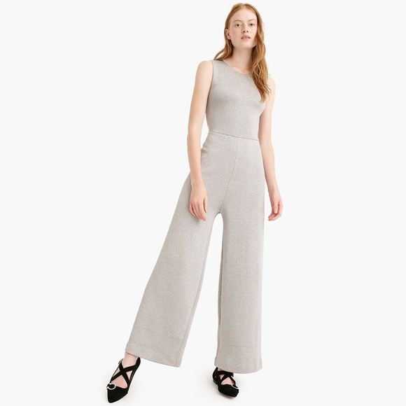 New J.CREW $188 Madison Silver Shimmer Sleeveless Lurex Jumpsuit with Velvet Tie - Picture 3 of 6
